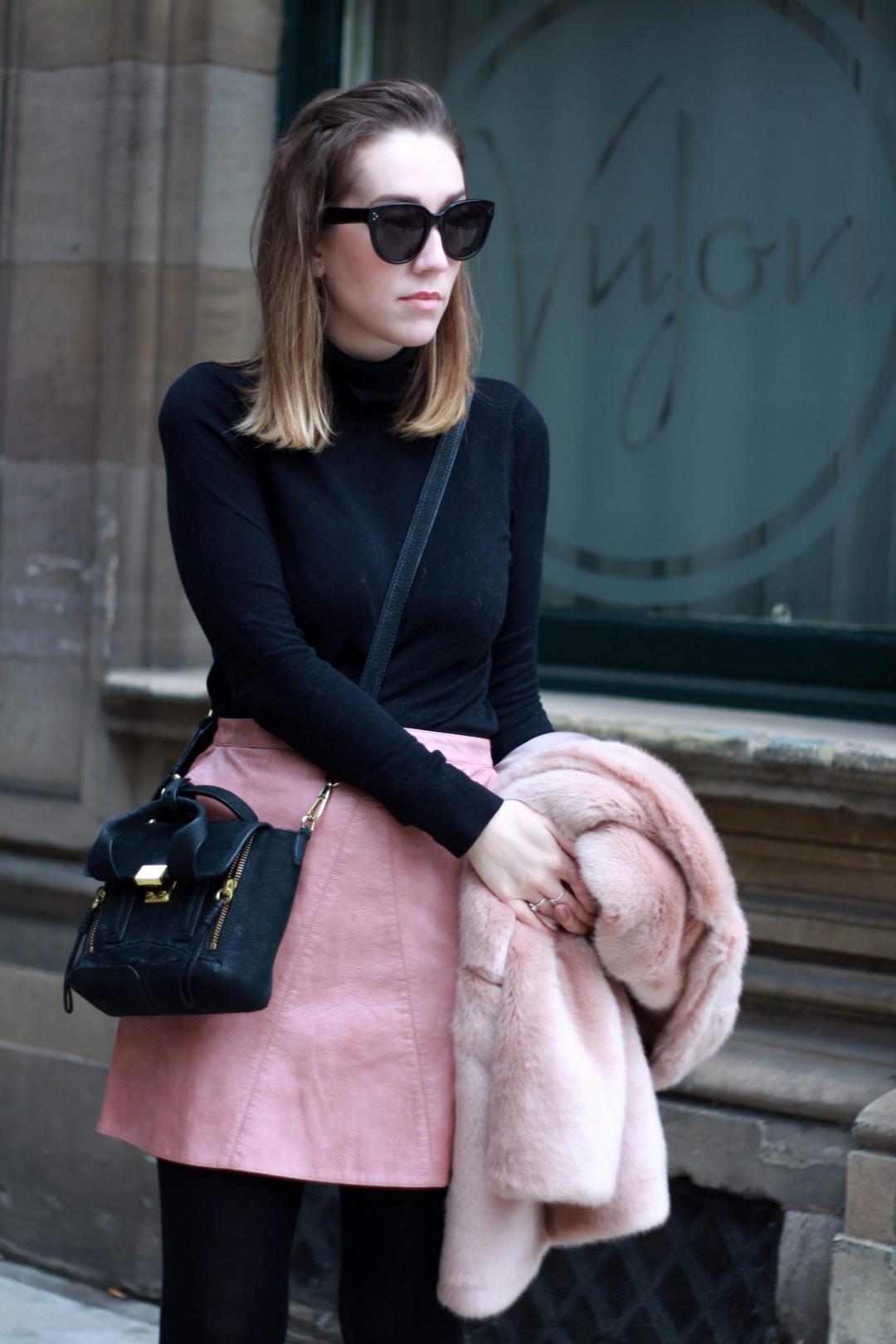 reiss-alba-pink-faux-fur-coat-zara-leather-skirt-mango-roll-neck-phillip-lim-pashli