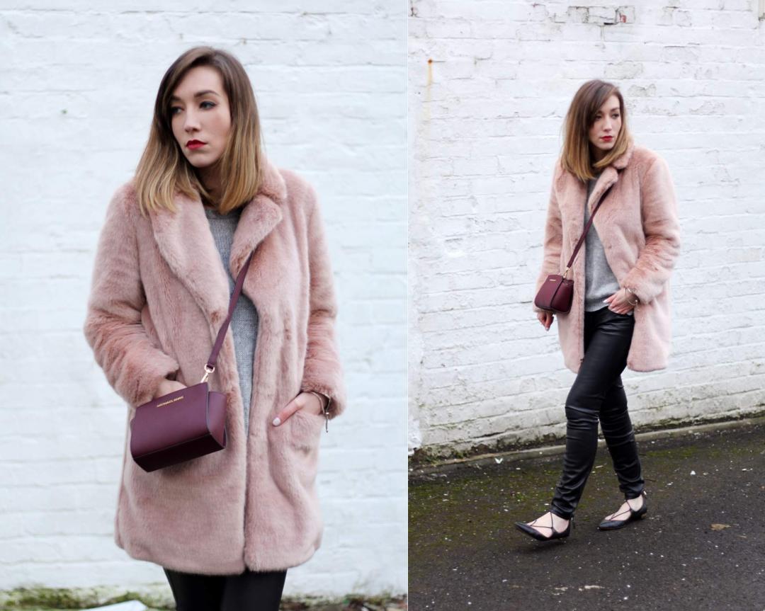 reiss-alba-pink-fur-coat-leather-skinny-jeans-michael-kors-burgundy-selma-bag-aquazzura-christy-flat-shoes