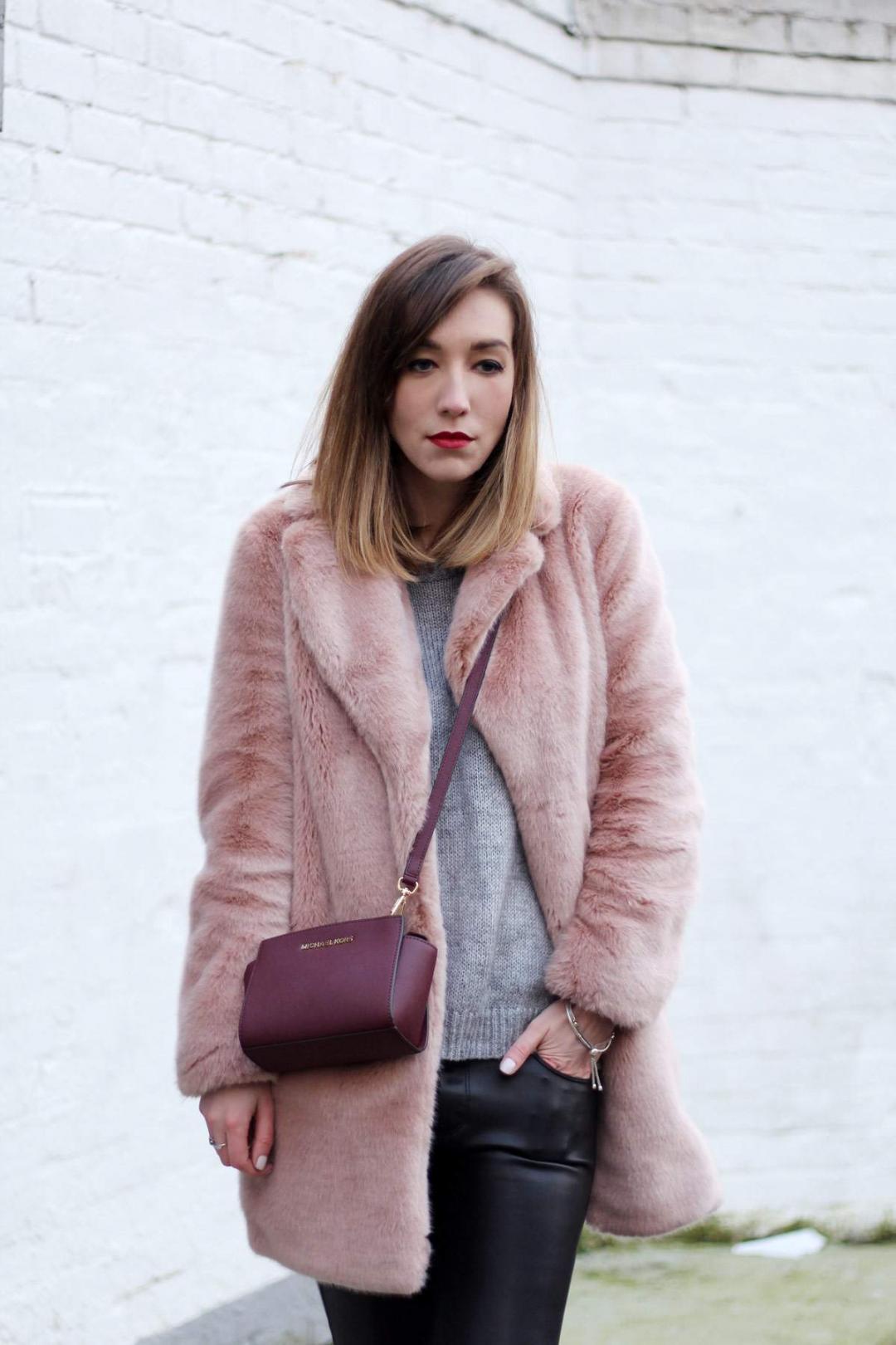 reiss-alba-pink-fur-coat-leather-skinny-jeans-michael-kors-burgundy-selma-bag-aquazzura-christy-flat-shoes