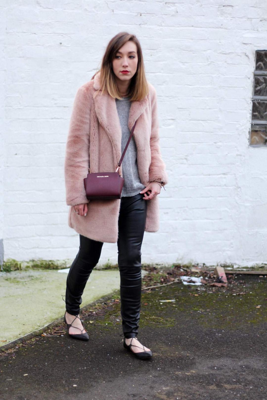 reiss-alba-pink-fur-coat-leather-skinny-jeans-michael-kors-burgundy-selma-bag-aquazzura-christy-flat-shoes