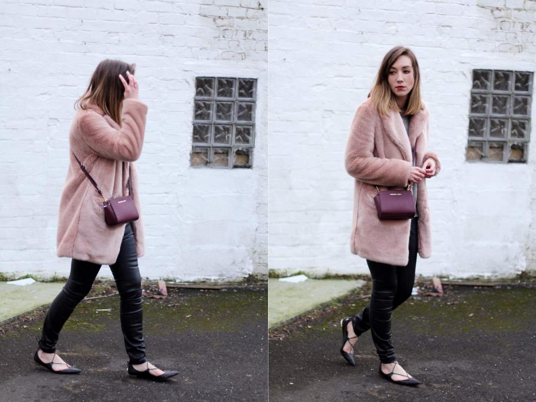 reiss-alba-pink-fur-coat-leather-skinny-jeans-michael-kors-burgundy-selma-bag-aquazzura-christy-flat-shoes