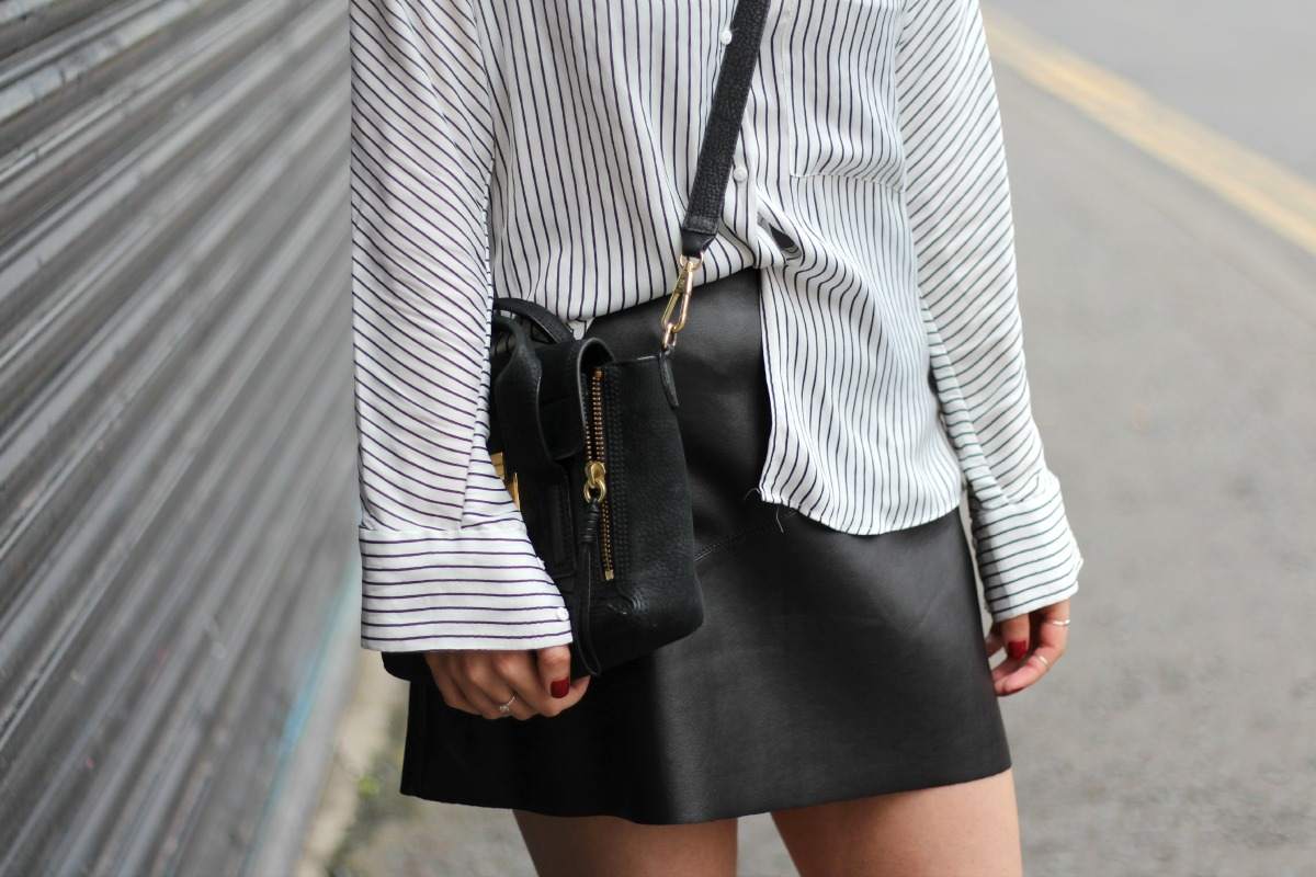 stripe shirt leather skirt phillip lim pashli black mango snake loafers 6