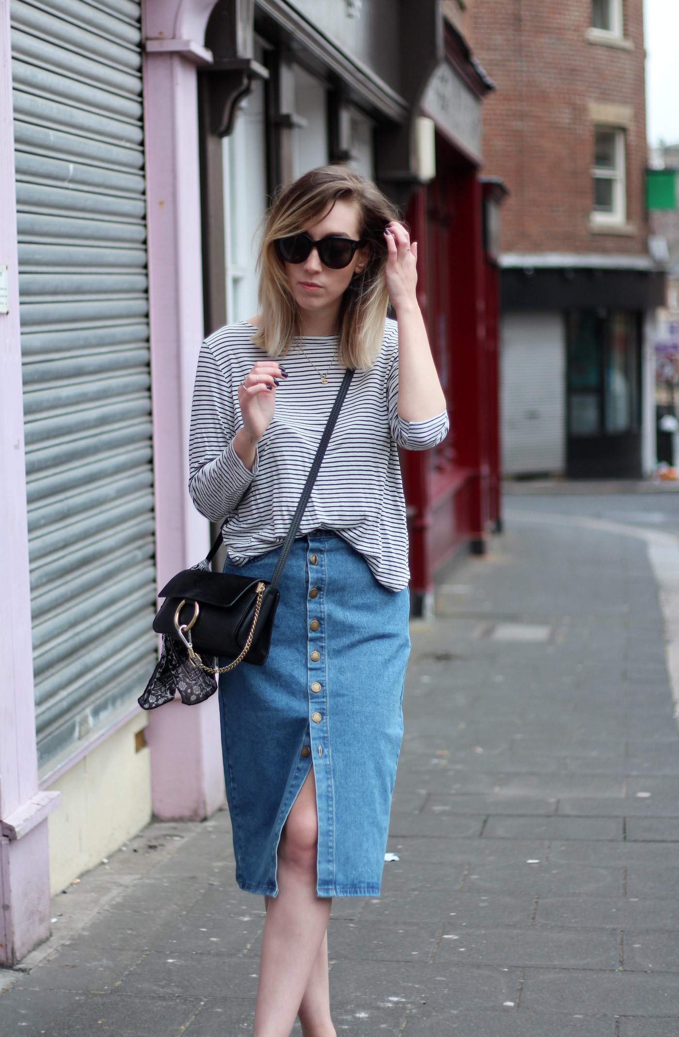 new-look-denim-midi-skirt-chloe-faye-black-H&M-stripe-top-1