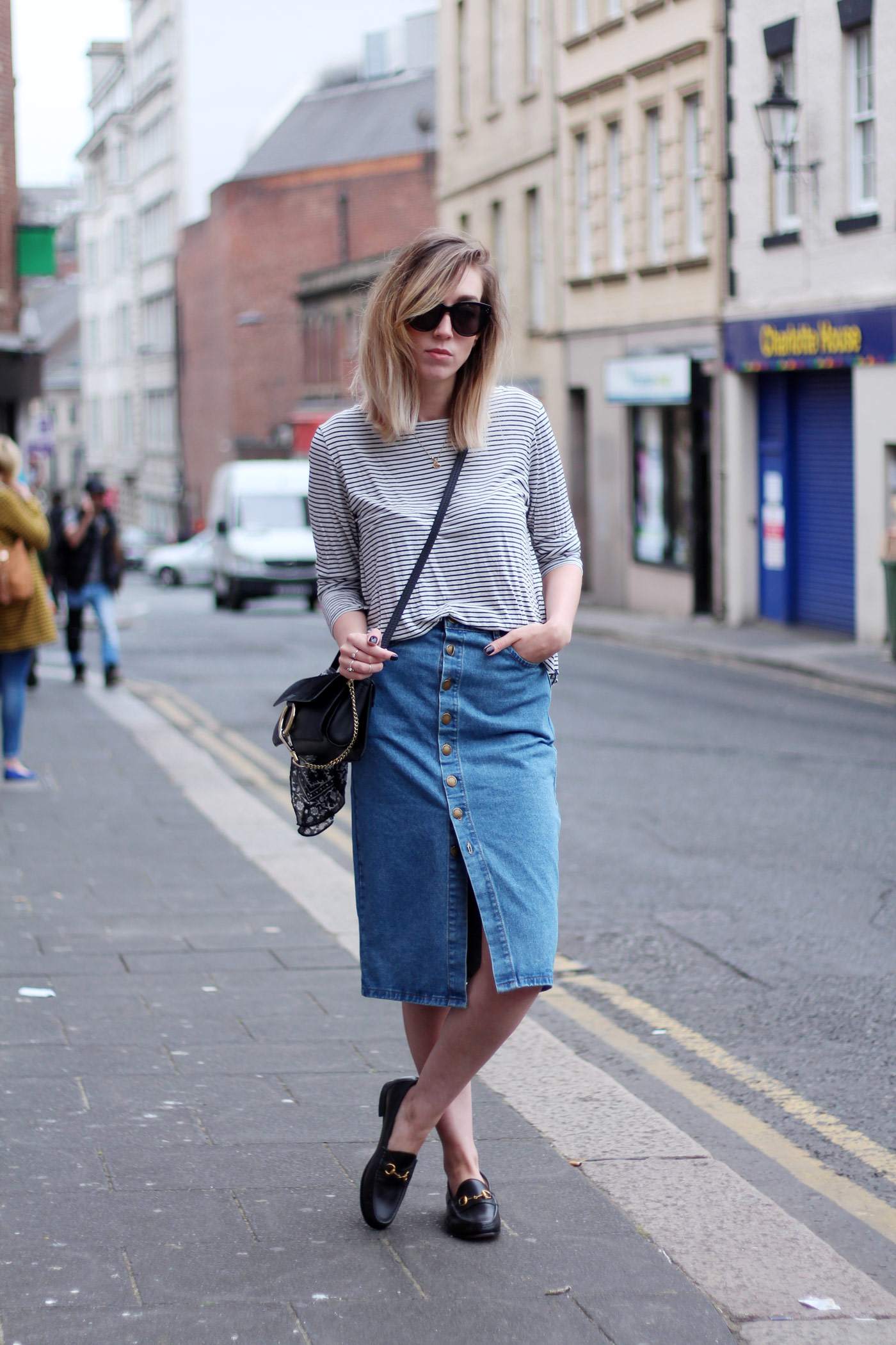 new-look-denim-midi-skirt-chloe-faye-black-H&M-stripe-top-7