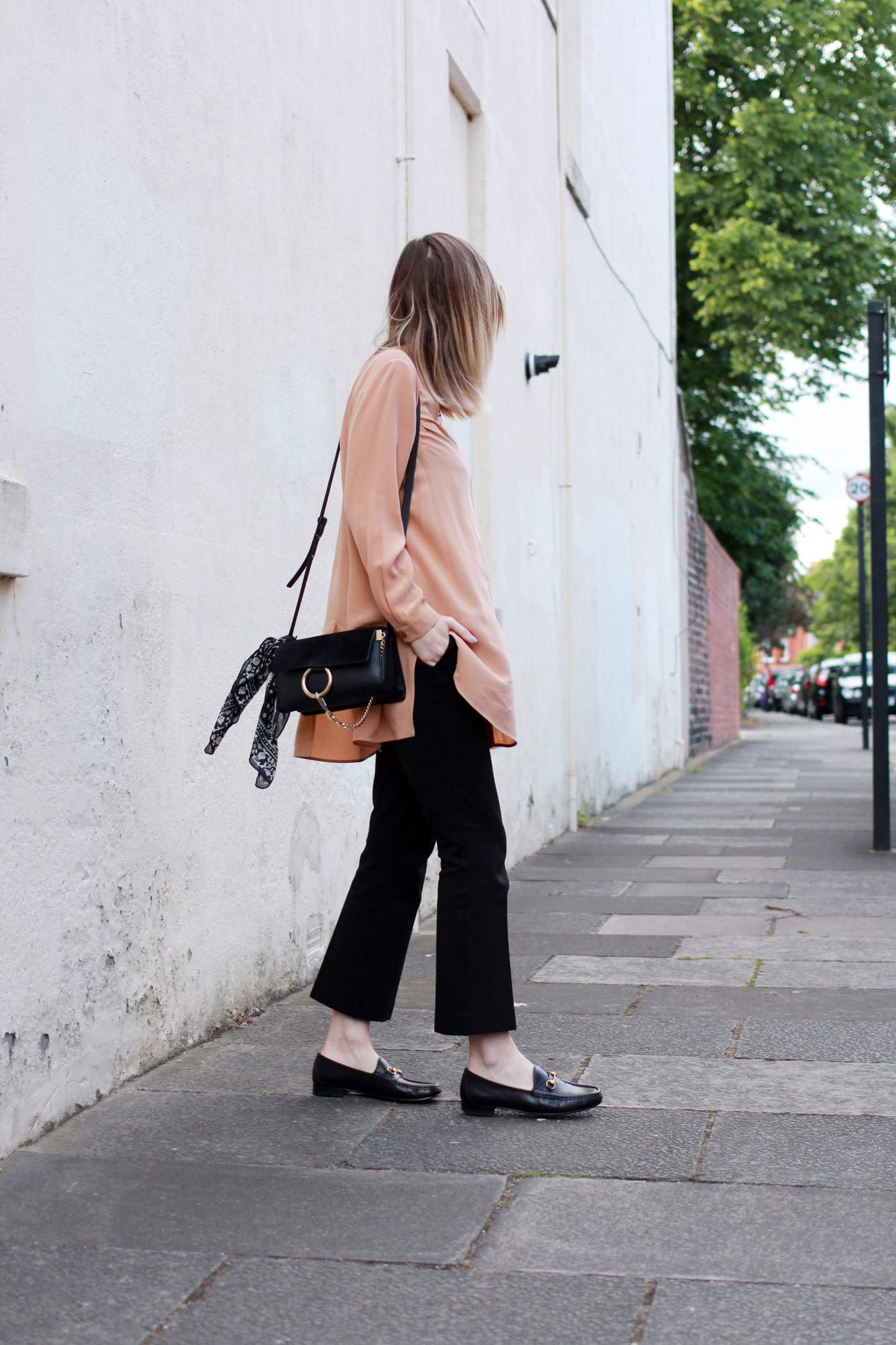 Boden-flared-trousers-COS-peach-shirt-Chloe-faye-bag-black-gucci-loafers-1