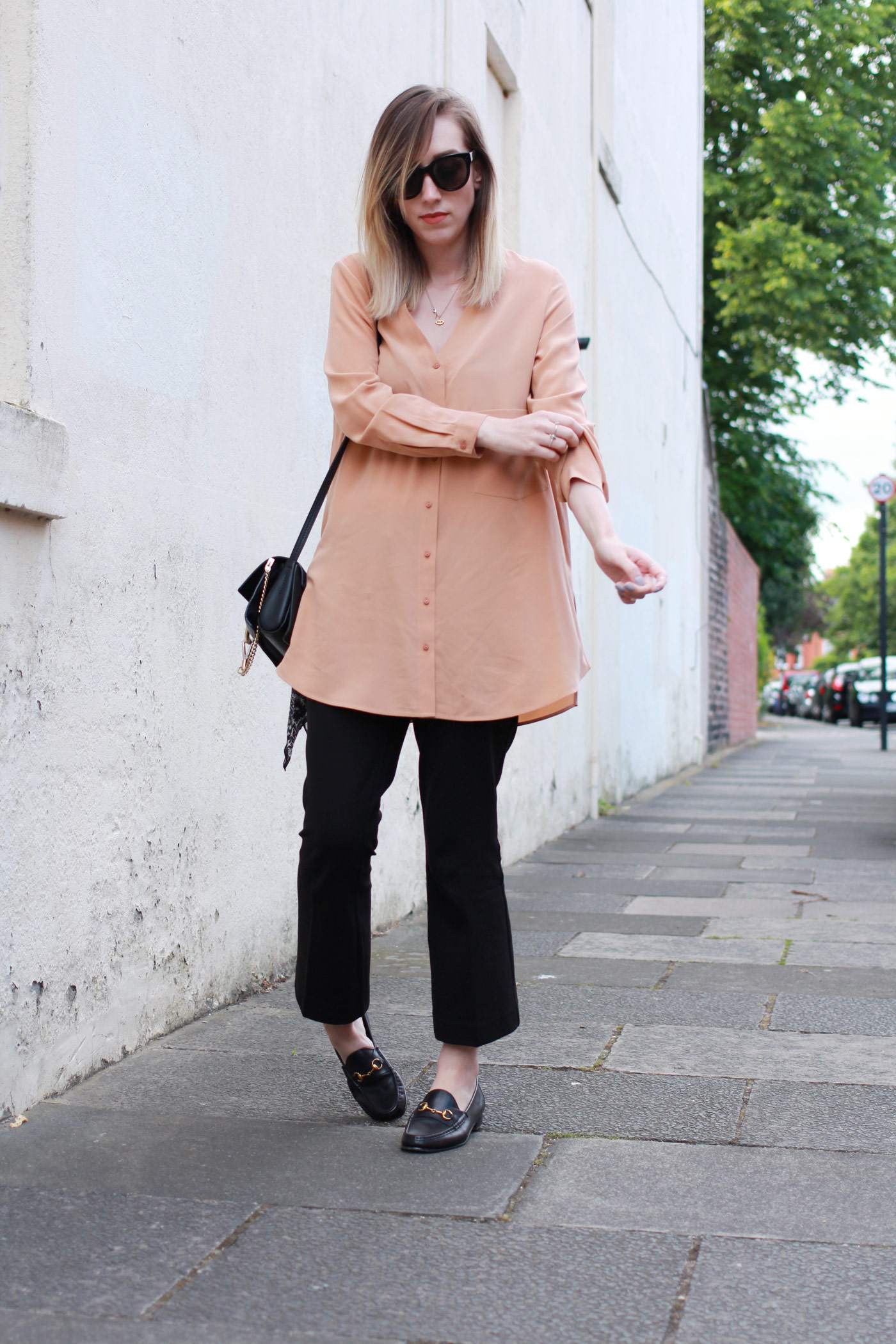 Boden-flared-trousers-COS-peach-shirt-Chloe-faye-bag-black-gucci-loafers-3