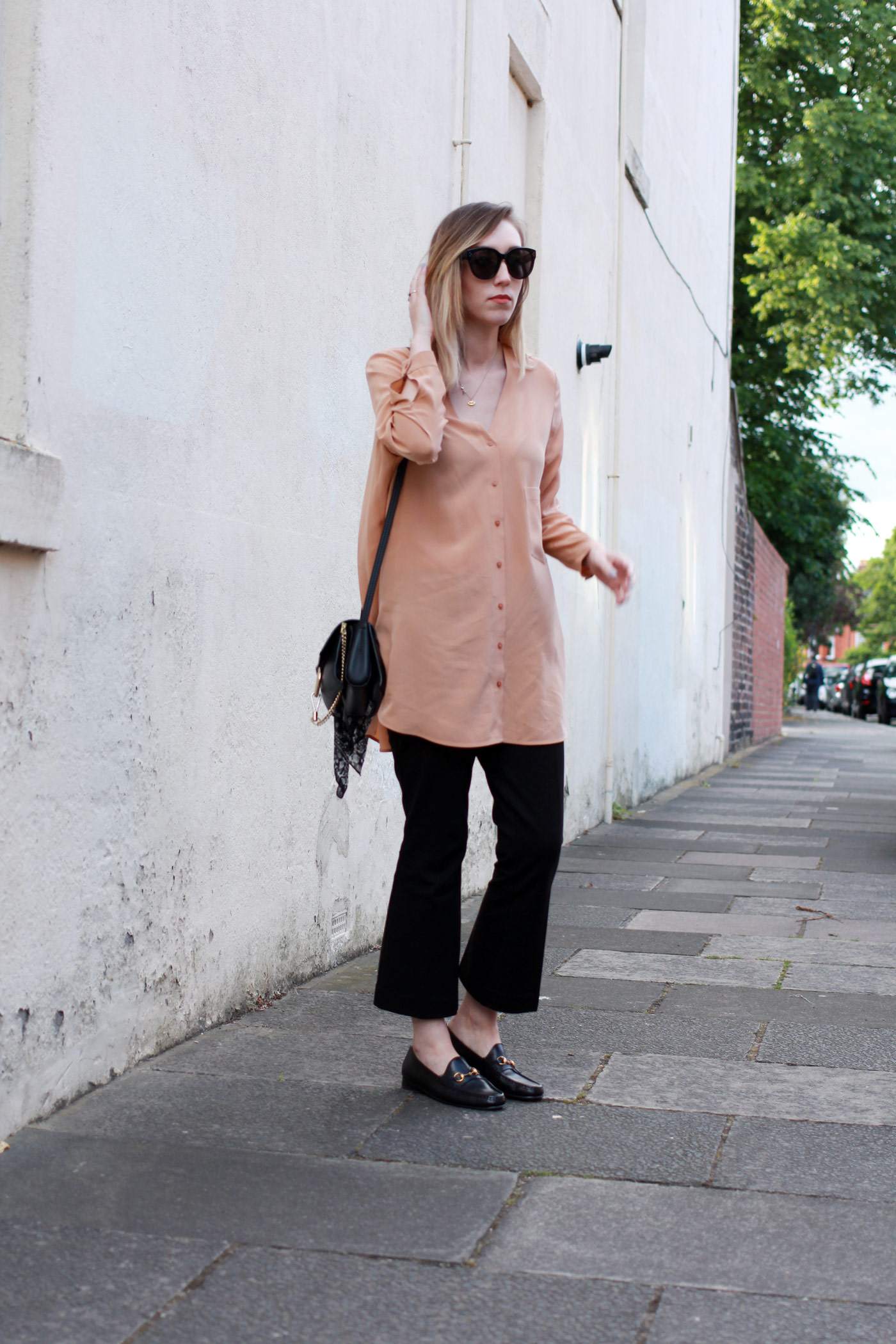 Boden-flared-trousers-COS-peach-shirt-Chloe-faye-bag-black-gucci-loafers