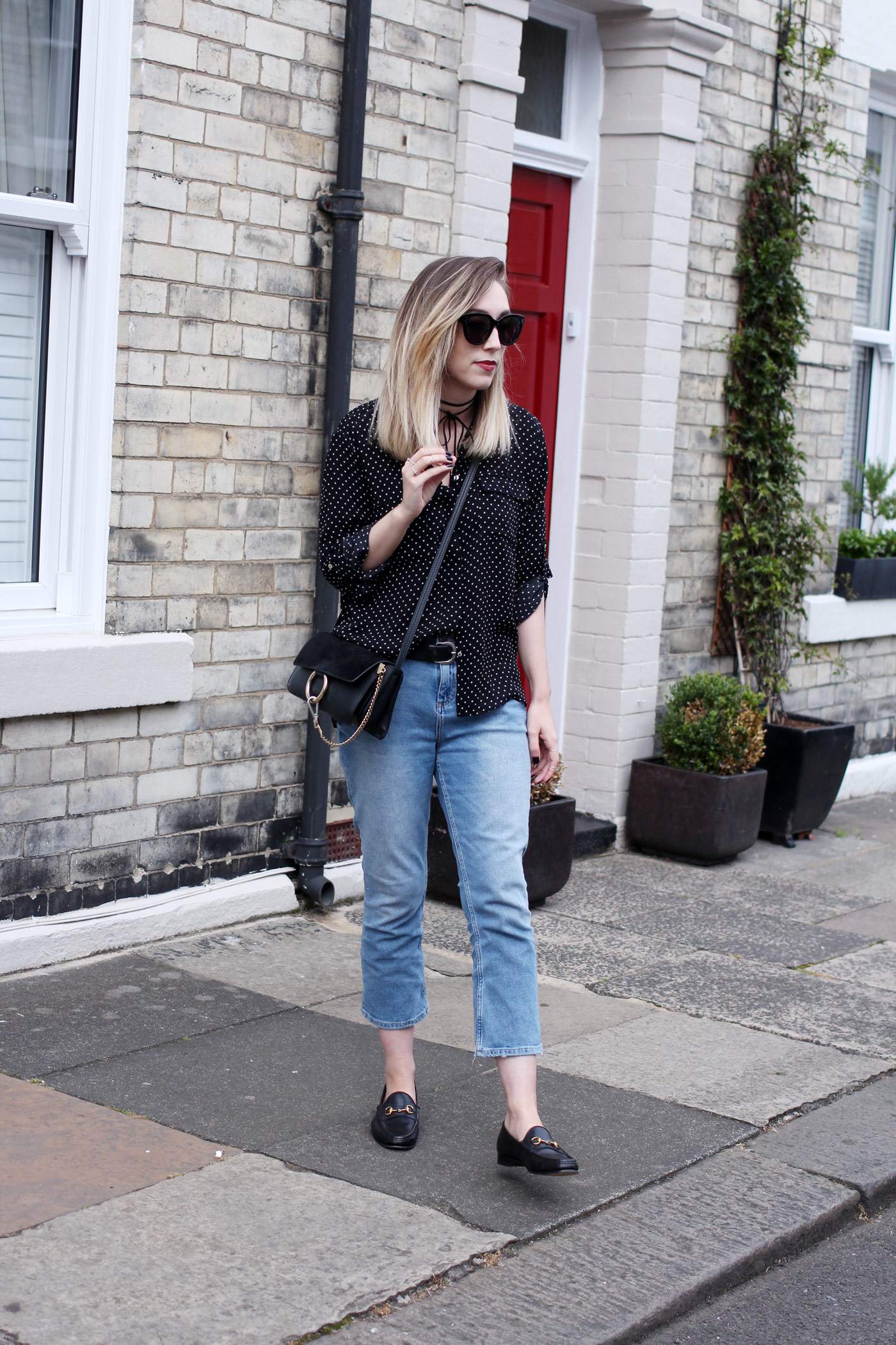 polkadot-shirt-mom-jeans-gucci-loafers-chloe-faye-bag-1