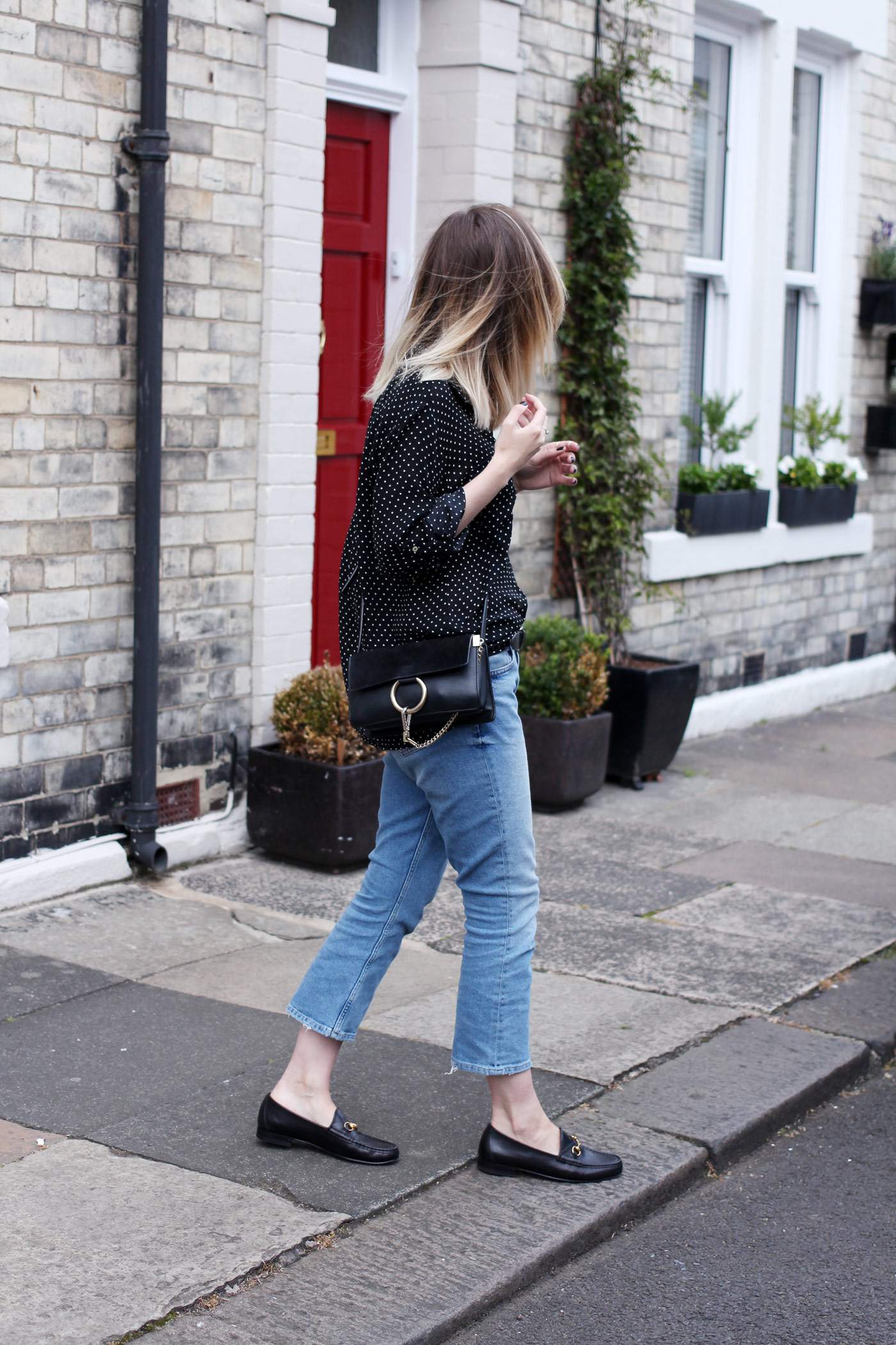 polkadot-shirt-mom-jeans-gucci-loafers-chloe-faye-bag-3