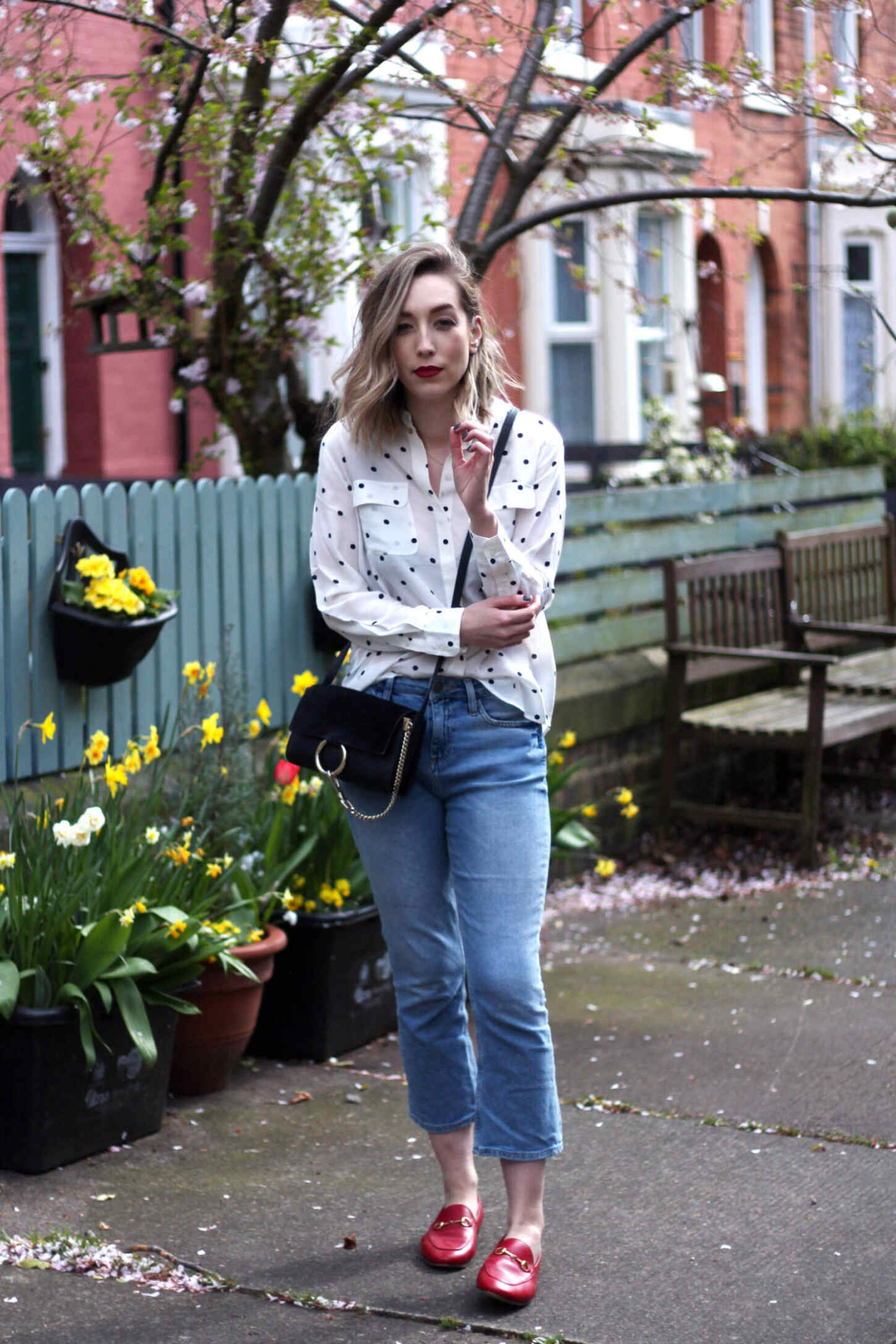 boden-polkadot-shirt-BDG-jeans-gucci-red-jordaan-loafers