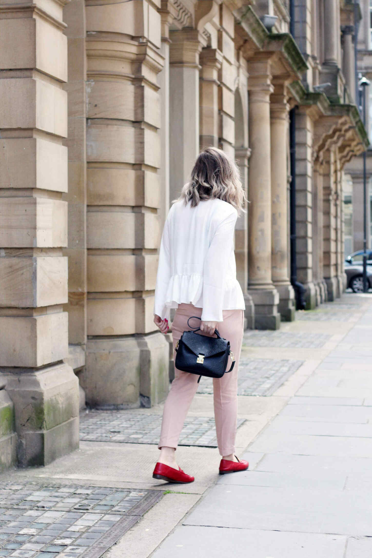 asos-white-ruffle-hem-blouse-M&S-pink-tie-trousers-gucci-jordaan-loafers-red-1