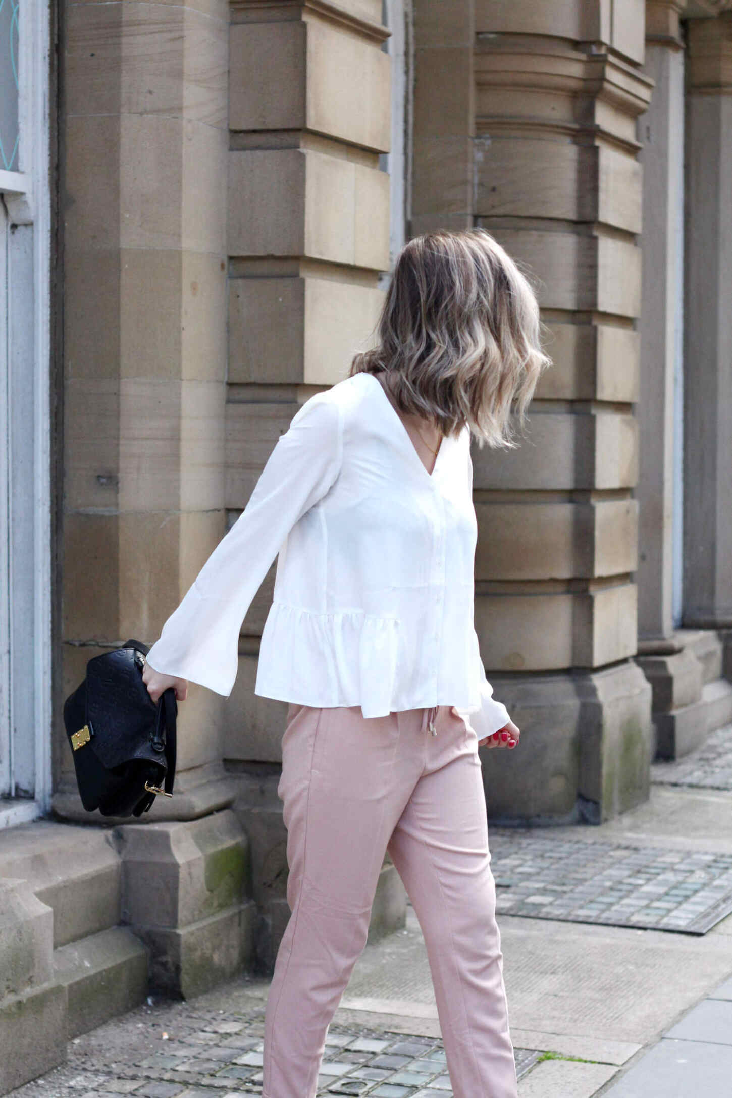 asos-white-ruffle-hem-blouse-M&S-pink-tie-trousers-gucci-jordaan-loafers-red-11