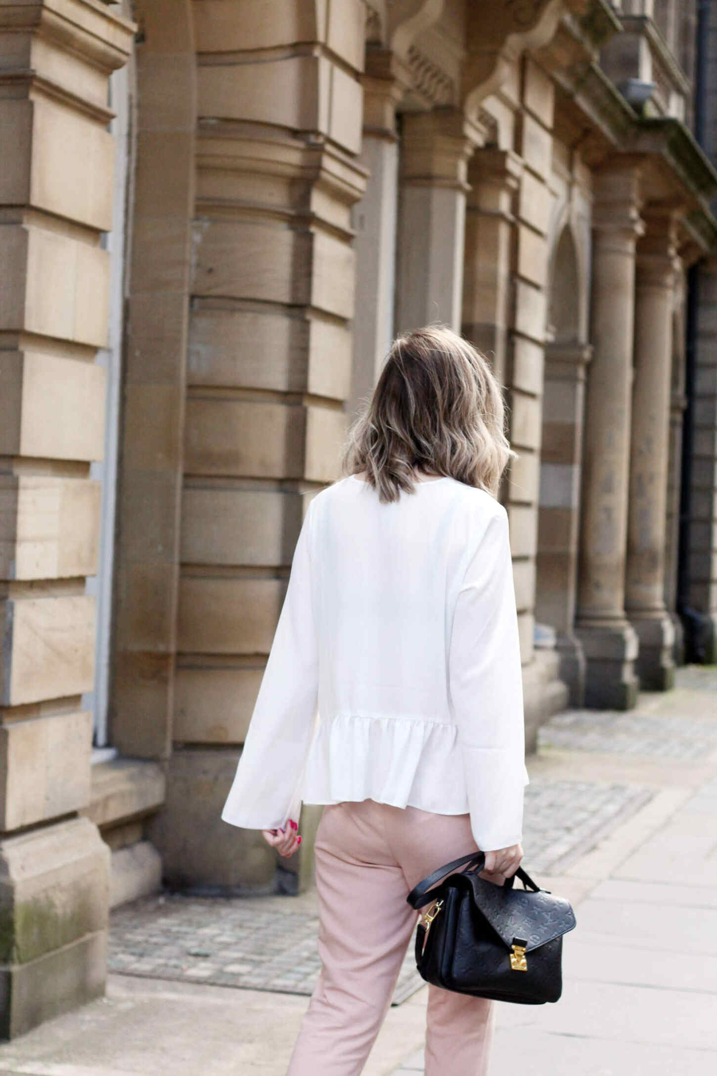 asos-white-ruffle-hem-blouse-M&S-pink-tie-trousers-gucci-jordaan-loafers-red-13