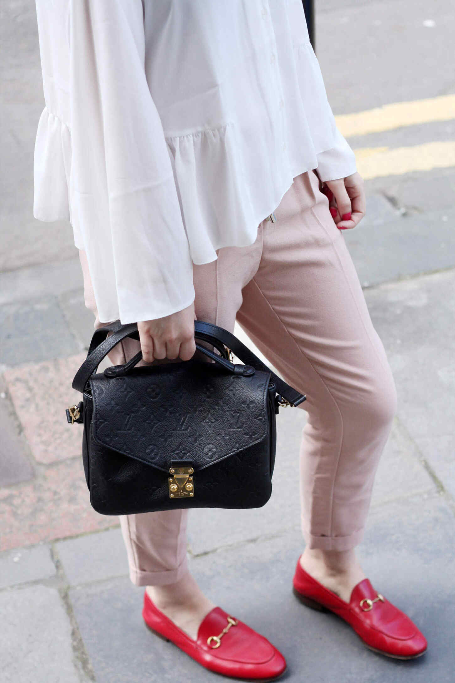 asos-white-ruffle-hem-blouse-M&S-pink-tie-trousers-gucci-jordaan-loafers-red-16