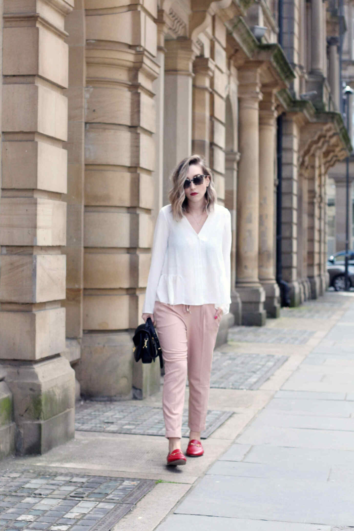 asos-white-ruffle-hem-blouse-M&S-pink-tie-trousers-gucci-jordaan-loafers-red-2