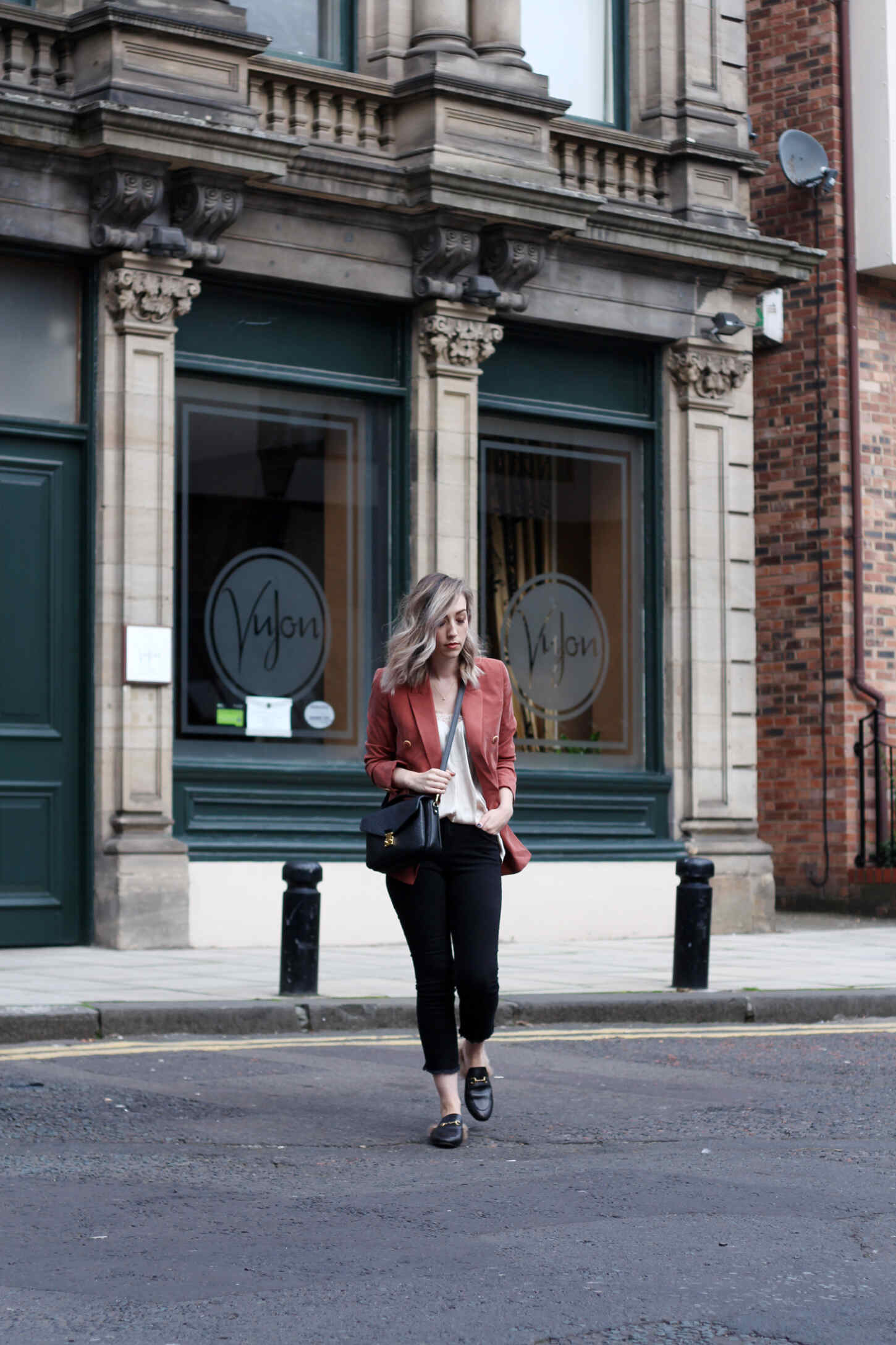 mango-peach-orange-blazer-gucci-princetown-loafers