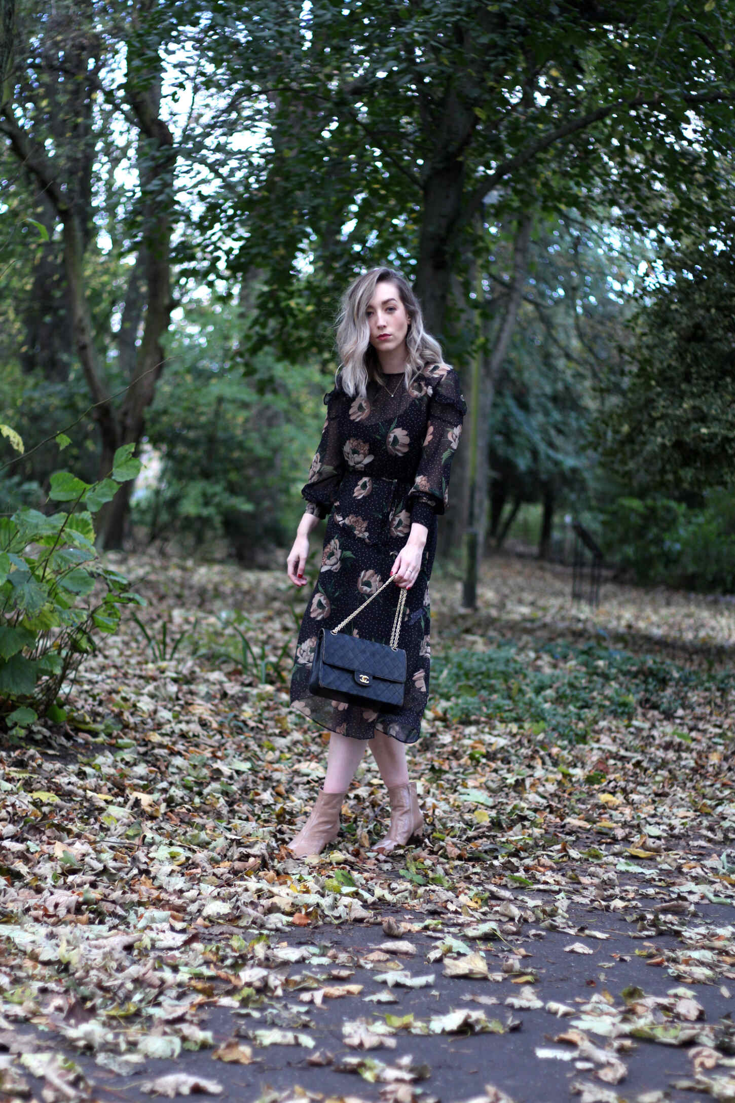 next-floral-midi-dress-nude-leather-boots-vintage-chanel-autumn-outfit-2