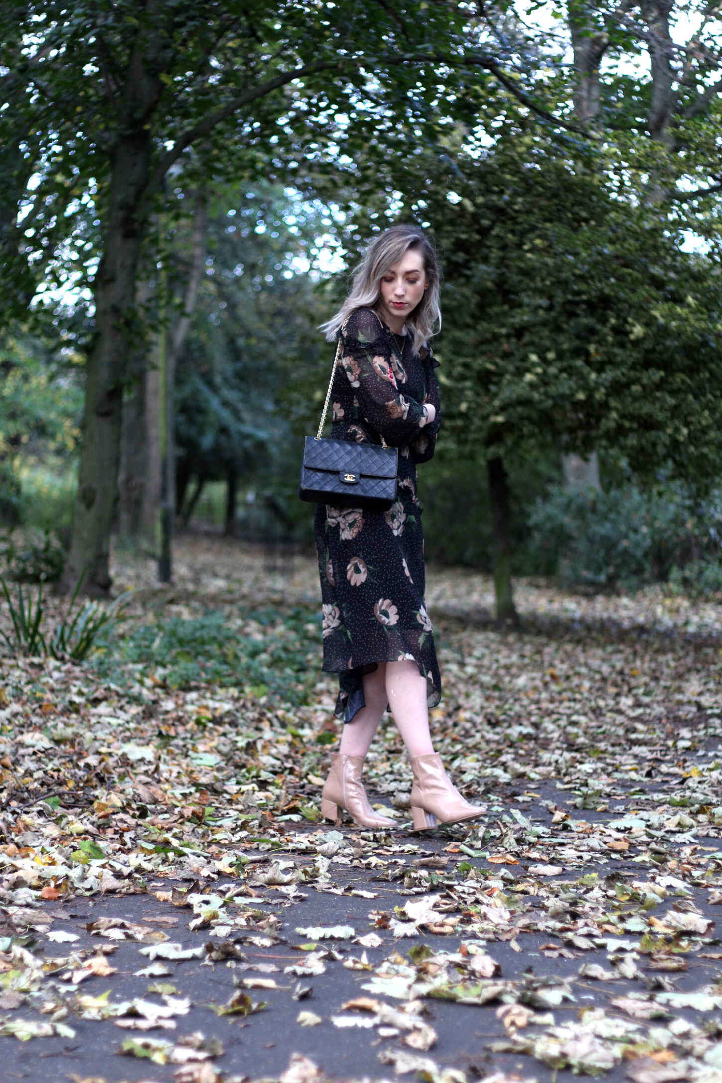 next-floral-midi-dress-nude-leather-boots-vintage-chanel-autumn-outfit-8