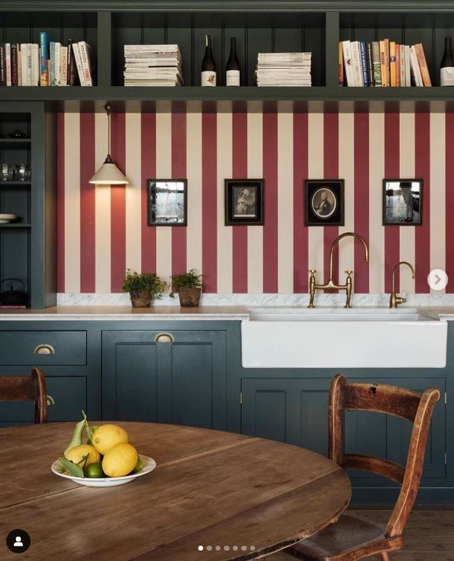 Using red in interiors stripe wallpaper bold blue